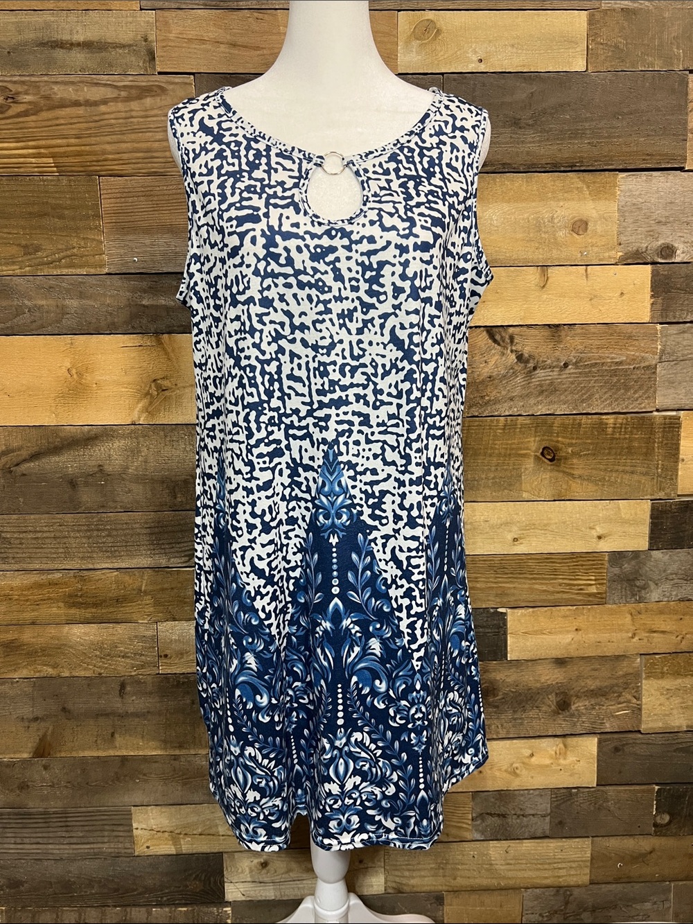 Sleeveless Blue & White Print Mini Dress with Ring Detail
